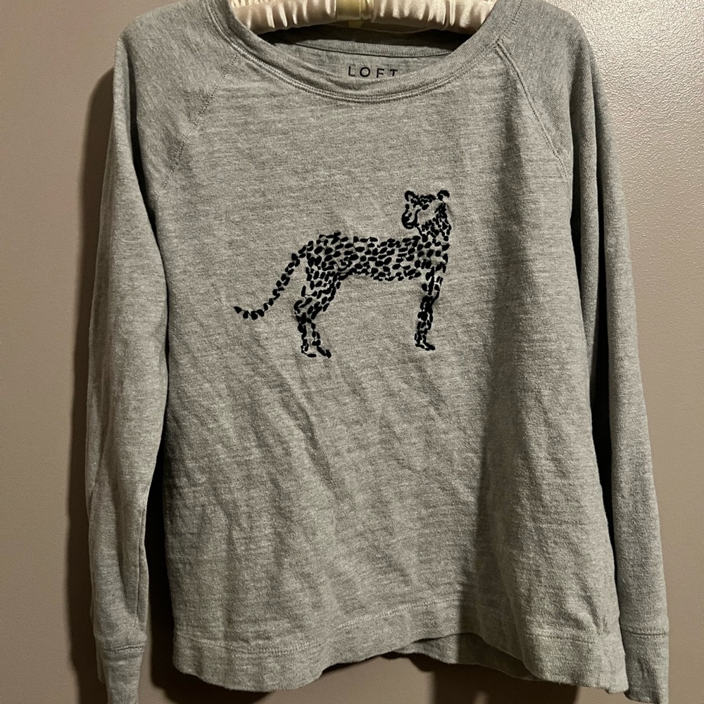 LOFT Gray Sweatshirt with Embroidered Cheetah Crew Neck Long Sleeve Medium